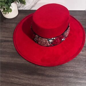 Elegant Red Women's Hat with Floral Band